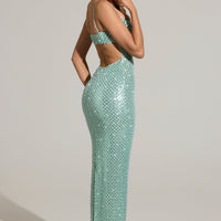 « Cascade » — Robe Longue Brodée Cache-Cœur, Bleu Aqua