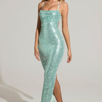 « Cascade » — Robe Longue Brodée Cache-Cœur, Bleu Aqua