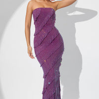 « Dulce » — Robe Longue Corset à Volants Scintillants, Prune