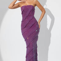 « Dulce » — Robe Longue Corset à Volants Scintillants, Prune
