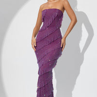 « Dulce » — Robe Longue Corset à Volants Scintillants, Prune