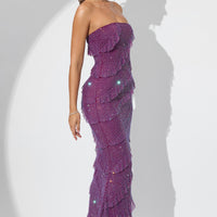 « Dulce » — Robe Longue Corset à Volants Scintillants, Prune