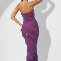 « Dulce » — Robe Longue Corset à Volants Scintillants, Prune