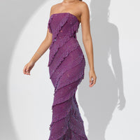 « Dulce » — Robe Longue Corset à Volants Scintillants, Prune
