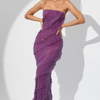 « Dulce » — Robe Longue Corset à Volants Scintillants, Prune