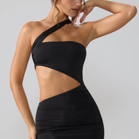 « Shyla » — Robe Mini Asymétrique Ruchée, Noir