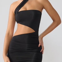 « Shyla » — Robe Mini Asymétrique Ruchée, Noir