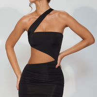 « Shyla » — Robe Mini Asymétrique Ruchée, Noir