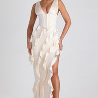 « Élégie » — Robe Longue Corset Volants Dentelle, Ivoire