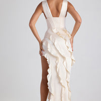 « Élégie » — Robe Longue Corset Volants Dentelle, Ivoire