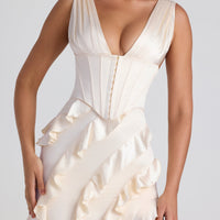 « Élégie » — Robe Longue Corset Volants Dentelle, Ivoire