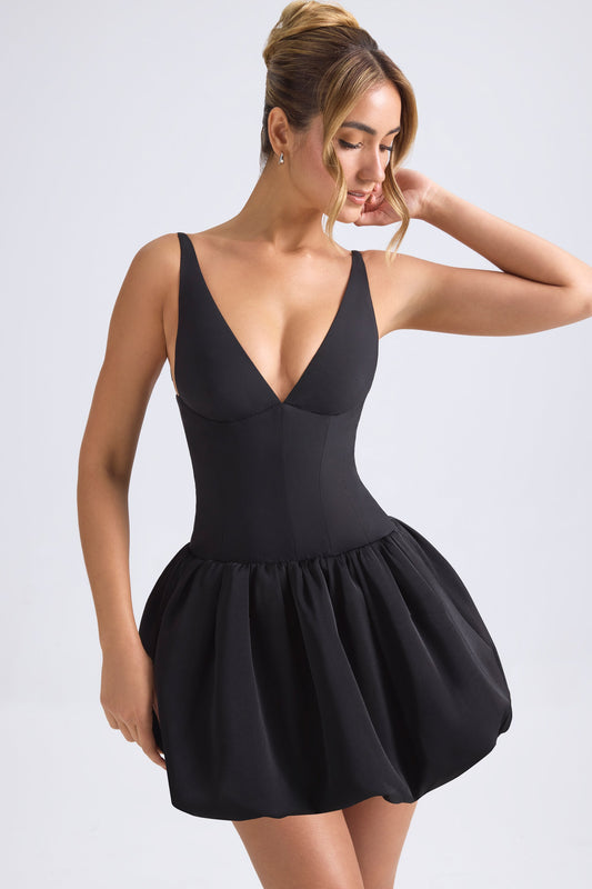 « Anahita » — Robe Micro-Mini Corset à Ourlet Boule, Noir