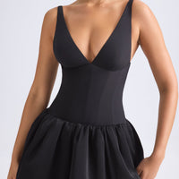 « Anahita » — Robe Micro-Mini Corset à Ourlet Boule, Noir
