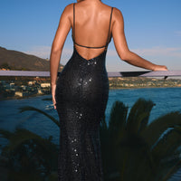 « Joella » — Robe Longue Dos Nu Ornée, Noir