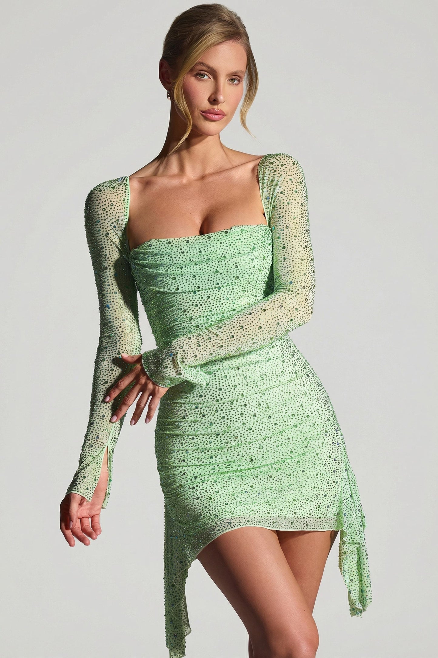 « Marilla » — Robe Mini Drapée Ornée, Pistache