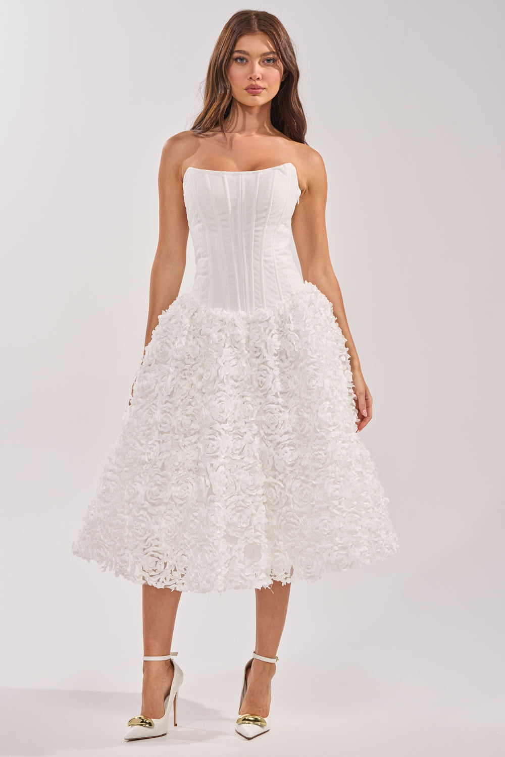 « Éphémère » — Robe Corset Mi-Longue Fleurie, Blanc