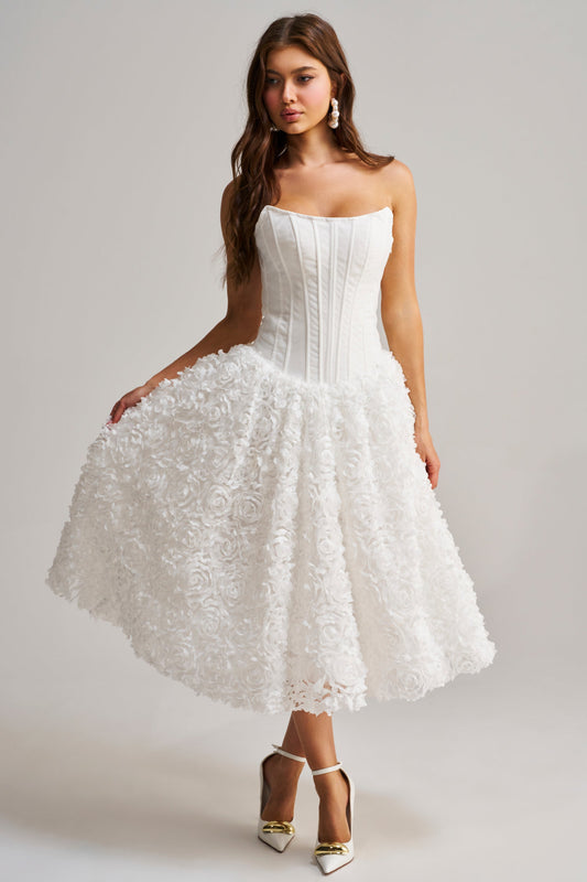 « Éphémère » — Robe Corset Mi-Longue Fleurie, Blanc