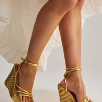 AZALEA WANG AVENY GOLD STRAP ROUND TOE WEDGE SANDAL
