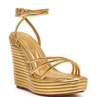 AZALEA WANG AVENY GOLD STRAP ROUND TOE WEDGE SANDAL