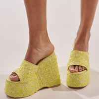 AZALEA WANG BETSEY YELLOW SEQUIN RAFFIA WEDGE
