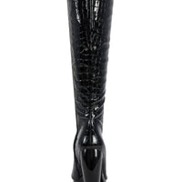 « Éclipse » — Bottes Hautes à Talon Sculptural, Noir Croco