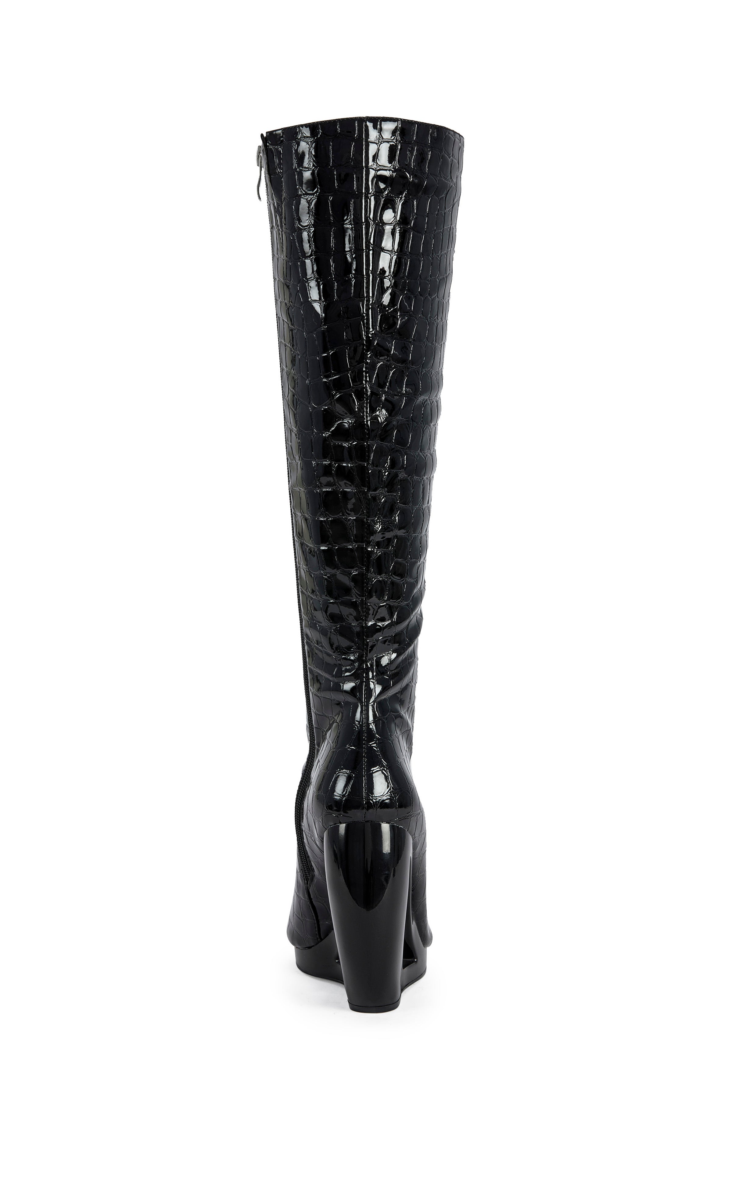 « Éclipse » — Bottes Hautes à Talon Sculptural, Noir Croco