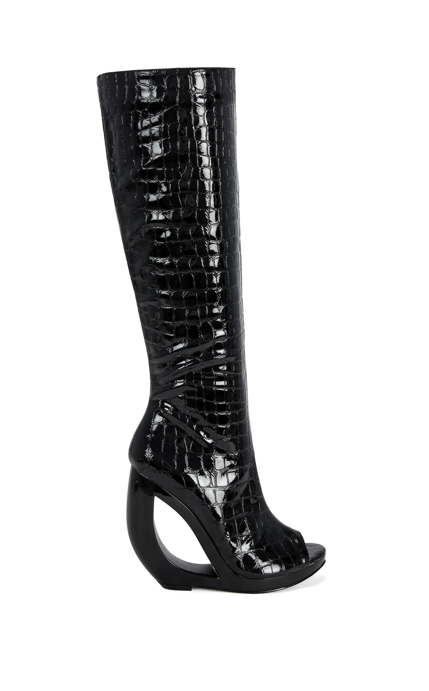 « Éclipse » — Bottes Hautes à Talon Sculptural, Noir Croco