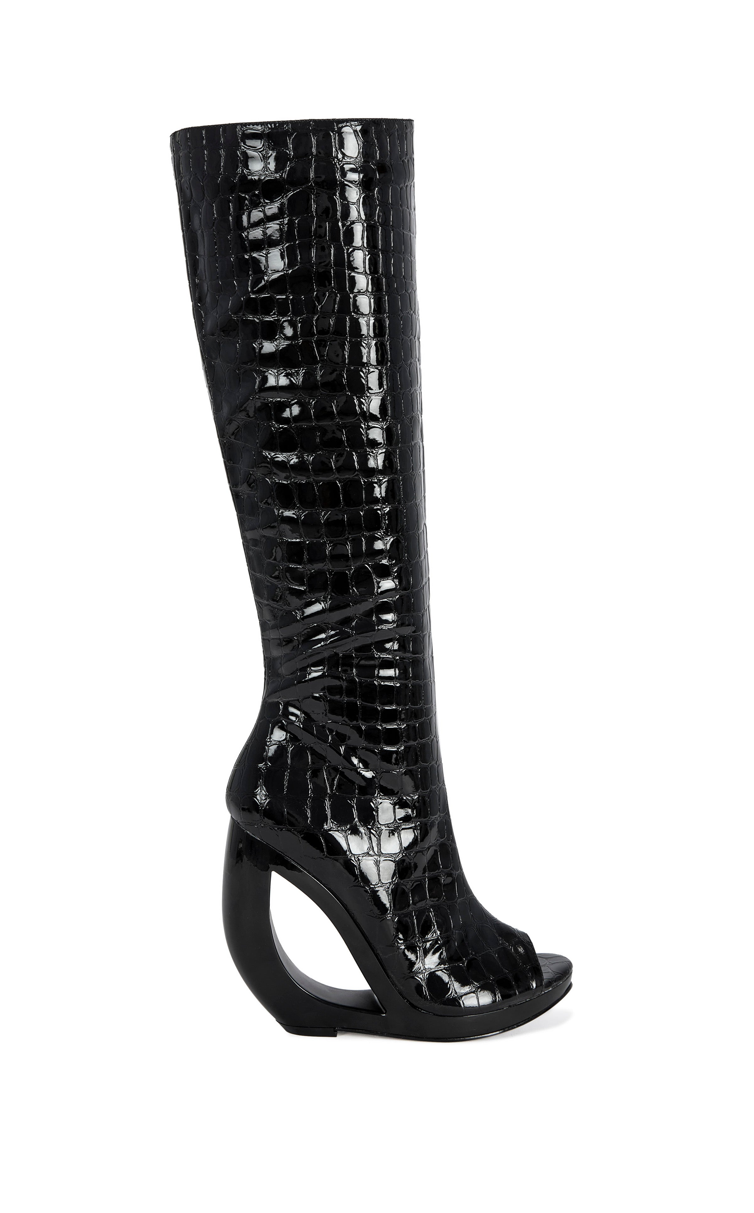 « Éclipse » — Bottes Hautes à Talon Sculptural, Noir Croco