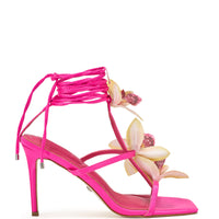 AZALEA WANG CRESCENDO FUCHSIA STILETTO SANDAL WITH FLOWER DETAIL