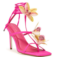AZALEA WANG CRESCENDO FUCHSIA STILETTO SANDAL WITH FLOWER DETAIL