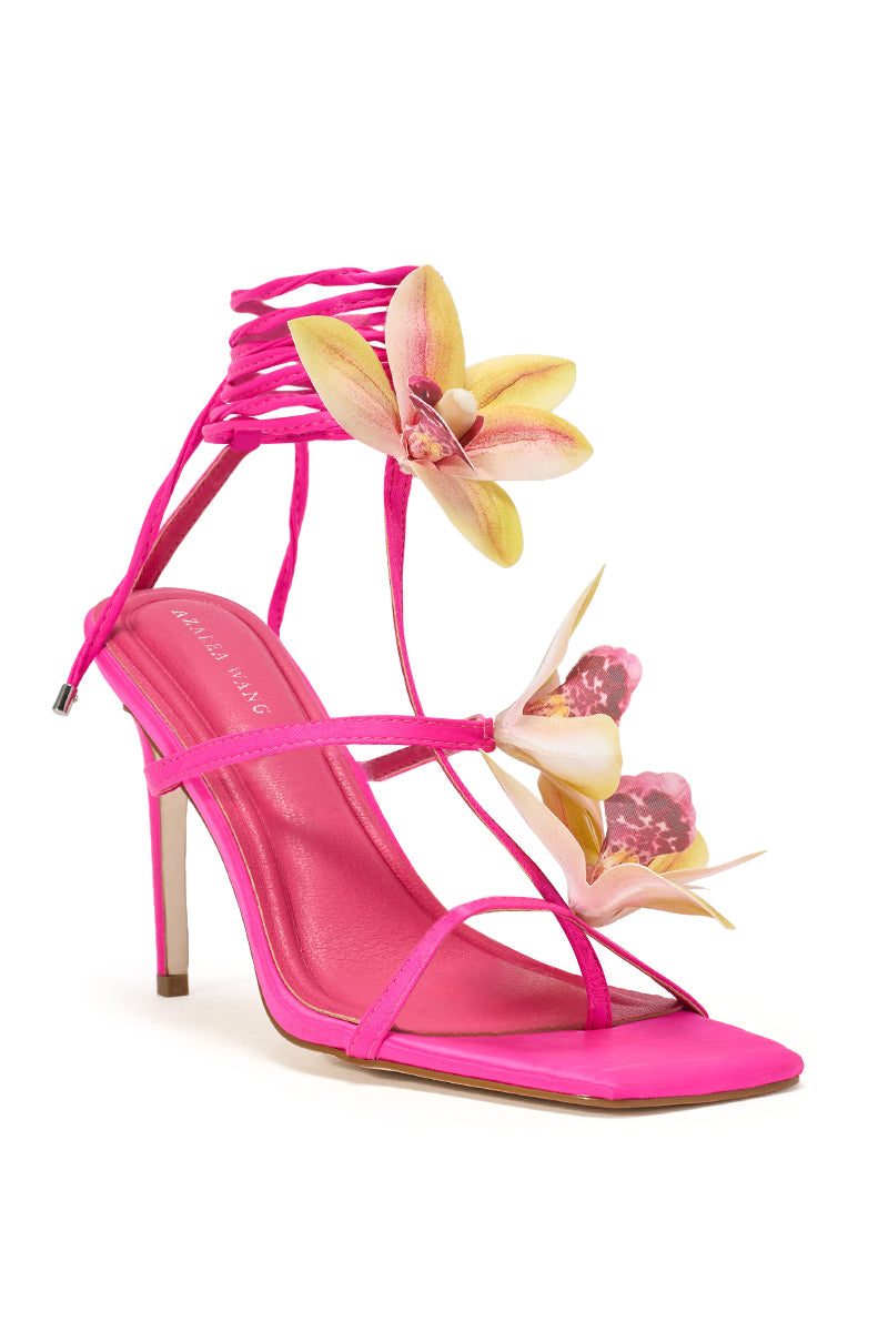AZALEA WANG CRESCENDO FUCHSIA STILETTO SANDAL WITH FLOWER DETAIL