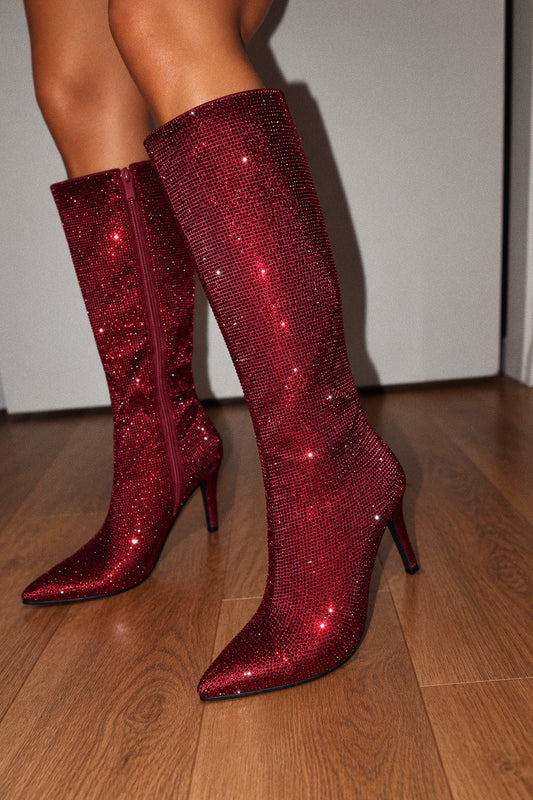 « Éclat Rubis » — Bottes Hautes à Strass, Bordeaux