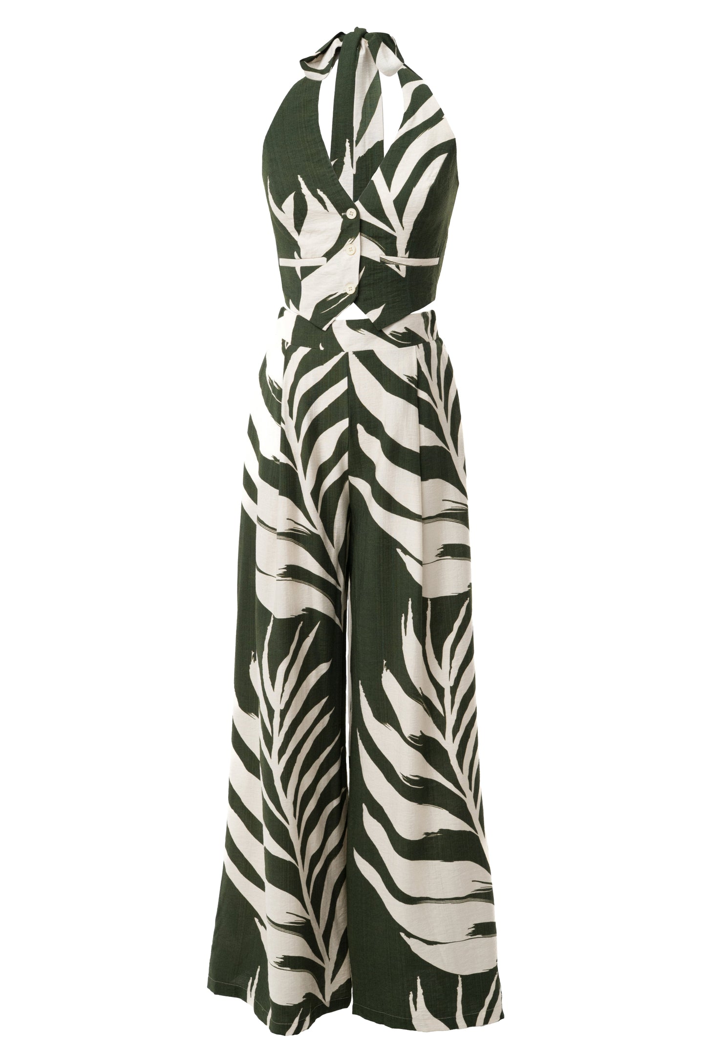 « Songe Tropical » — Ensemble Pantalon Large Imprimé Palmier, Vert Olive
