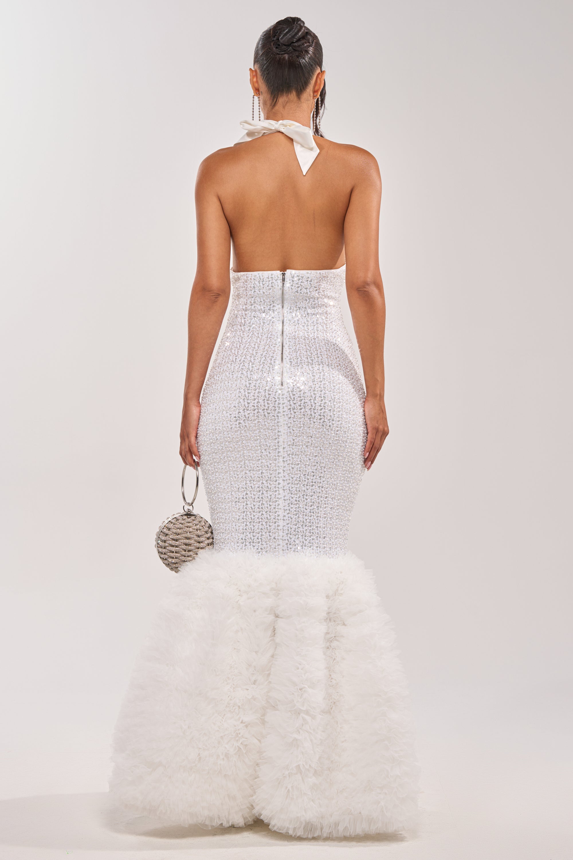 « Ovation » — Robe Longue Sirène Pailletée, Blanc
