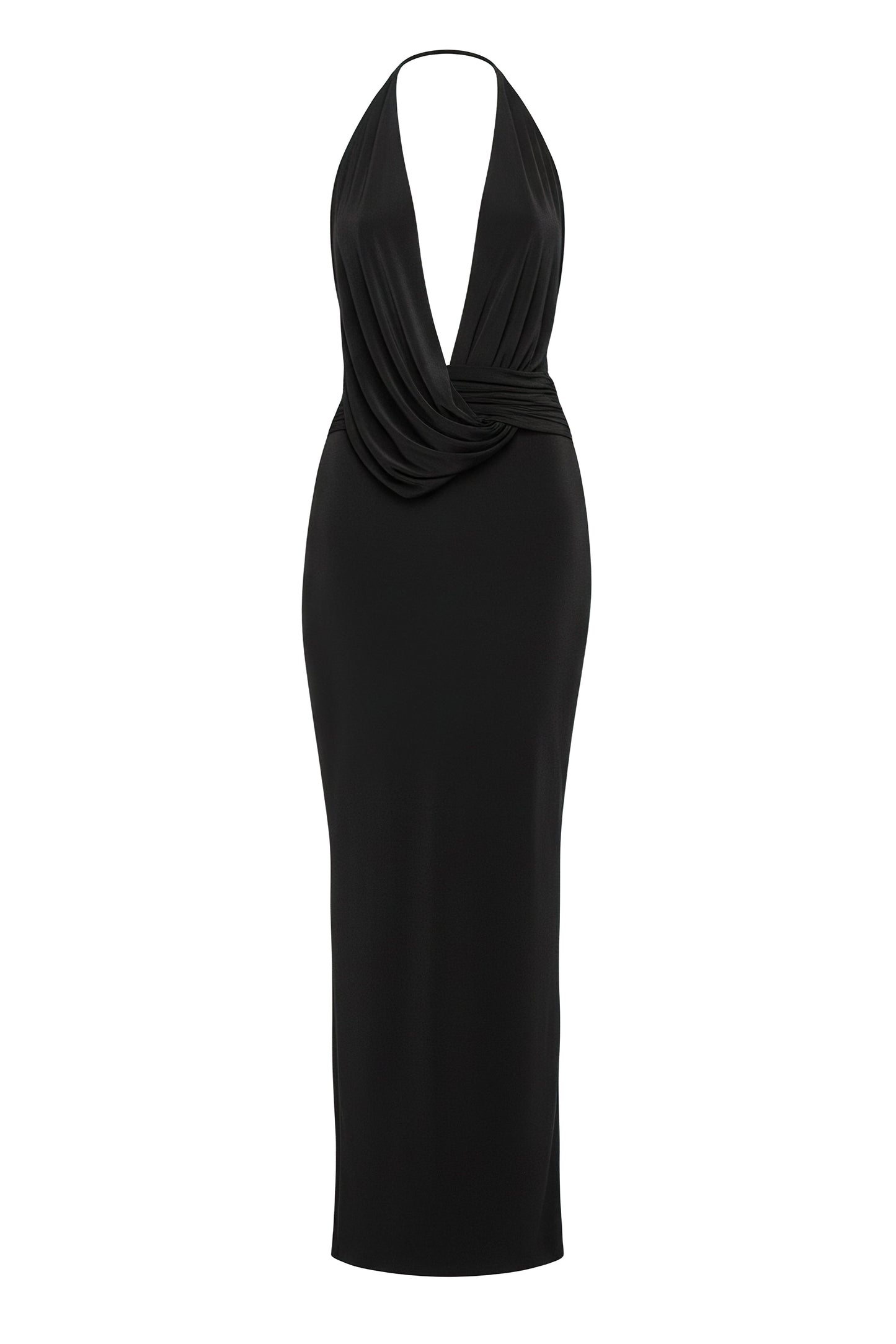 « Aube Drapée » — Robe Longue Dos Nu Col Bénitier, Noir