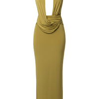 « Aube Drapée » — Robe Longue Dos Nu Col Bénitier, Vert Mousse