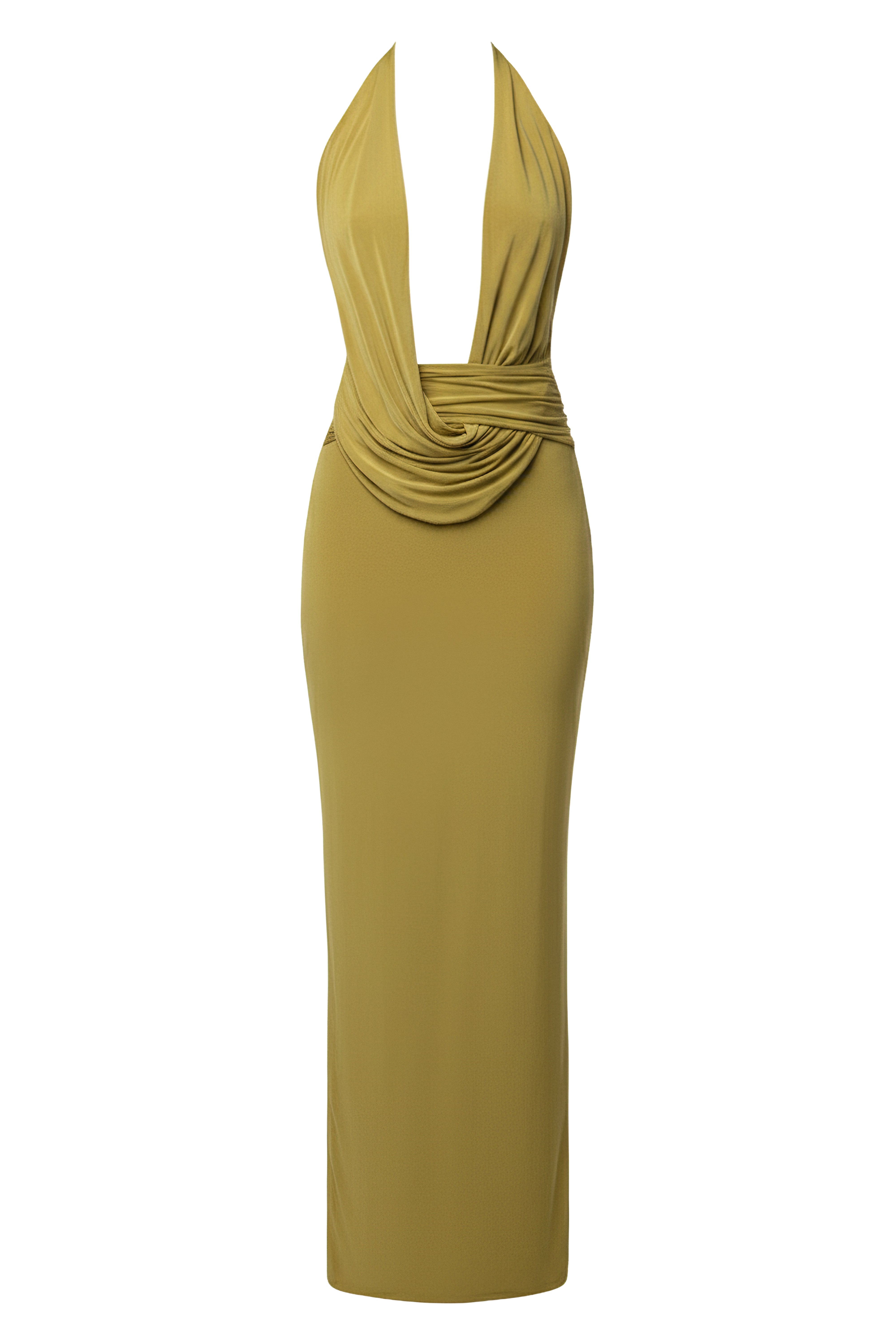 « Aube Drapée » — Robe Longue Dos Nu Col Bénitier, Vert Mousse