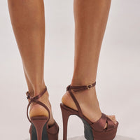 AZALEA WANG HALLADAY CHOCOLATE SATIN PLATFORM STILETTO SANDAL