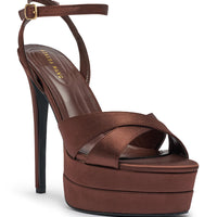 AZALEA WANG HALLADAY CHOCOLATE SATIN PLATFORM STILETTO SANDAL