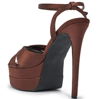 AZALEA WANG HALLADAY CHOCOLATE SATIN PLATFORM STILETTO SANDAL