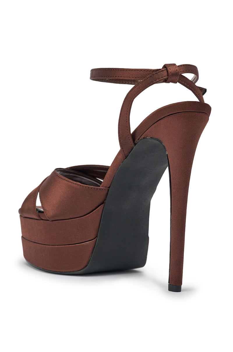 AZALEA WANG HALLADAY CHOCOLATE SATIN PLATFORM STILETTO SANDAL