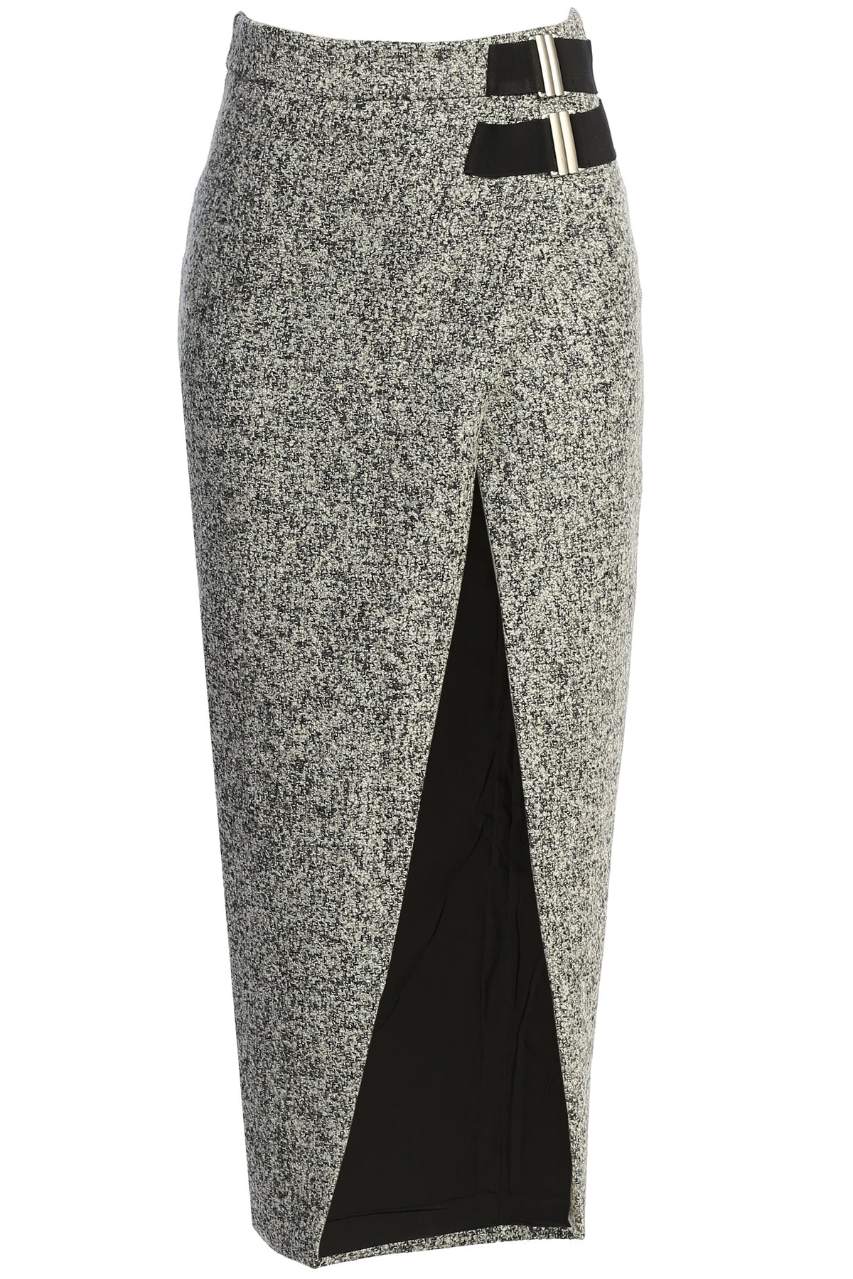 « Sillage Minéral » — Jupe Midi Fendue en Tweed, Gris Clair