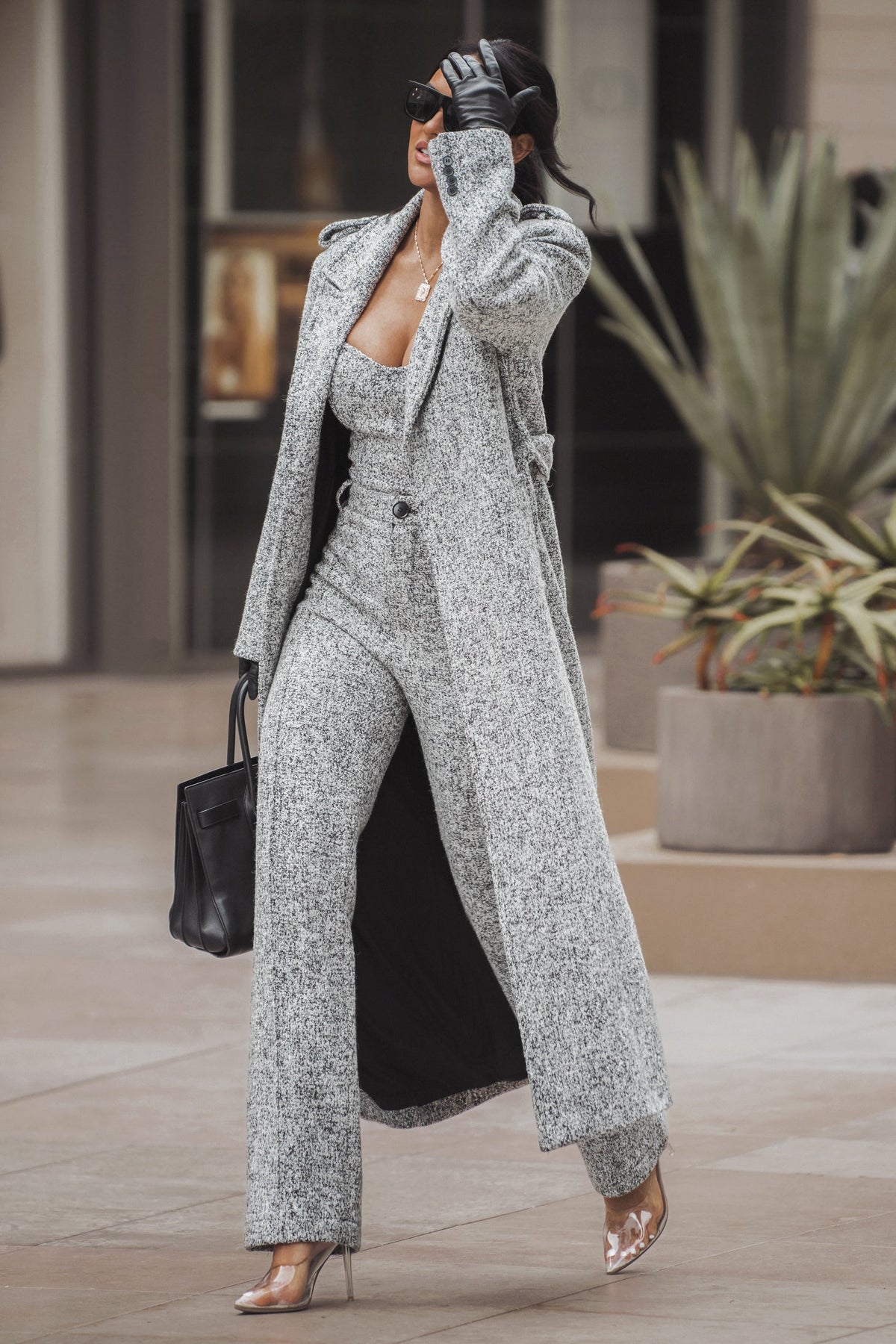 « Ligne Urbaine » — Pantalon Droit en Tweed, Gris Clair
