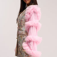« Joyau » — Robe Blazer Brocart à Volants, Rose Doré