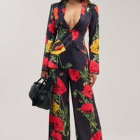 « Fleur Sauvage » — Pantalon Large Satiné Fleuri, Noir et Rouge