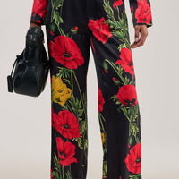 « Fleur Sauvage » — Pantalon Large Satiné Fleuri, Noir et Rouge