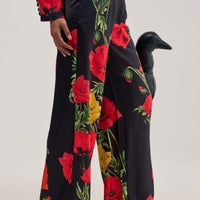 « Fleur Sauvage » — Pantalon Large Satiné Fleuri, Noir et Rouge