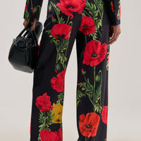 « Fleur Sauvage » — Pantalon Large Satiné Fleuri, Noir et Rouge