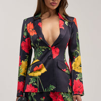 « Fleur Sauvage » — Blazer Satiné Fleuri, Noir et Rouge
