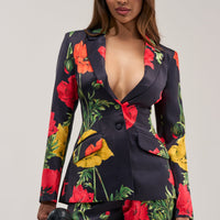 « Fleur Sauvage » — Blazer Satiné Fleuri, Noir et Rouge